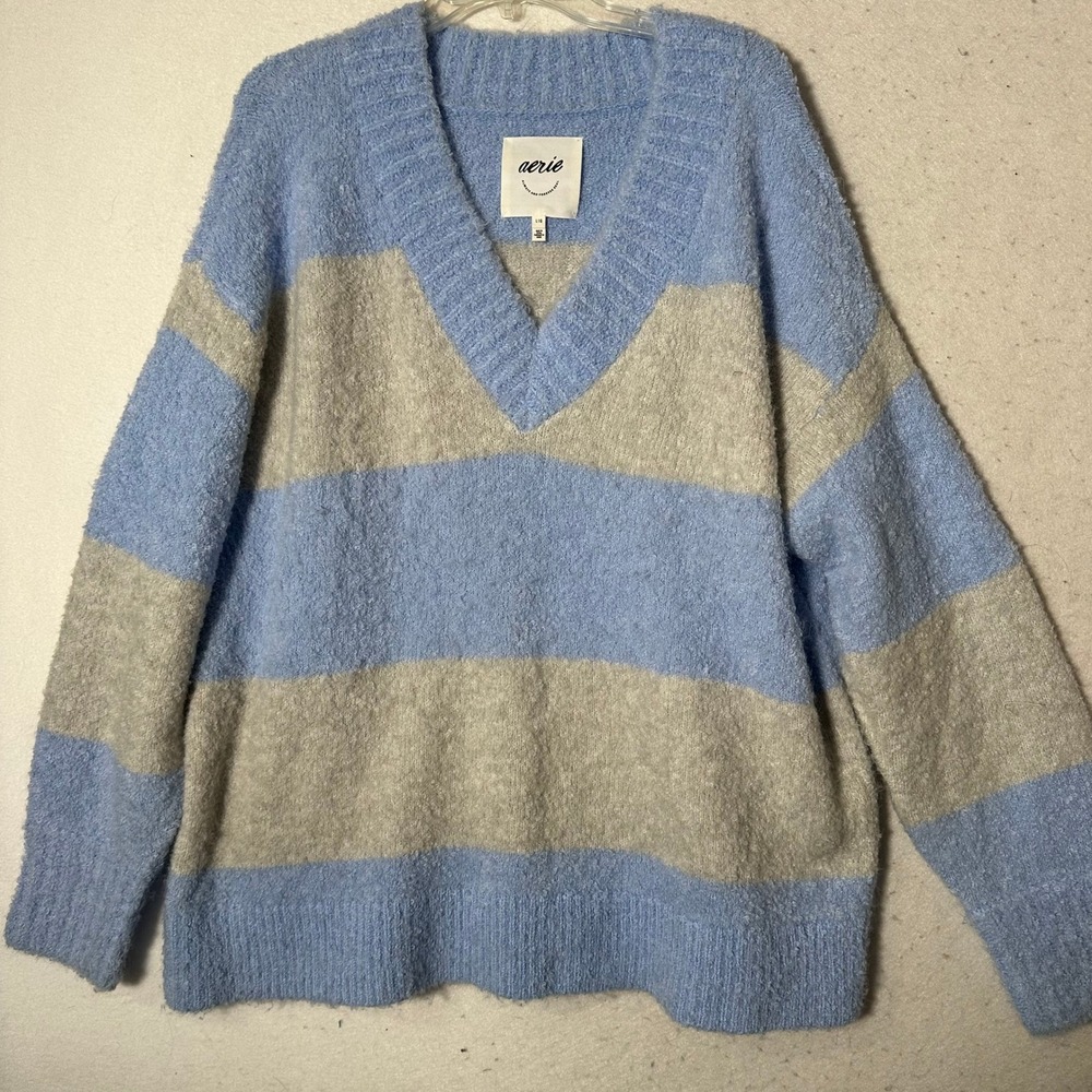 Aerie Large Blue Grey Striped V-Neck Boucle Knit Oversized Sweater rugby striped